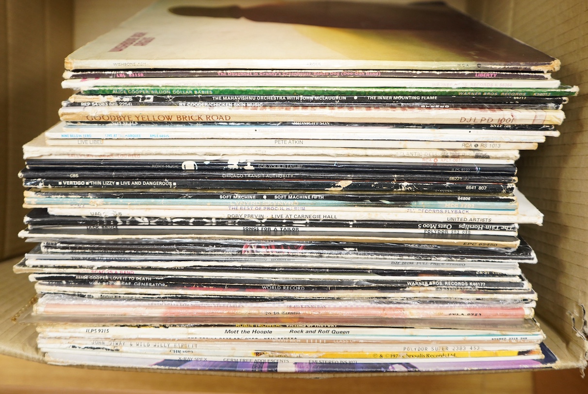 Forty-five 1970s LP record albums, artists include; wishbone Ash; Argus, Bonzo Dog Band, Deaf School, Alice Cooper, Ry Cooder, Elton John, Richard Thompson, Lou Reed, Roxy Music, Thin Lizzy, Captain Behar, Procol Harum,